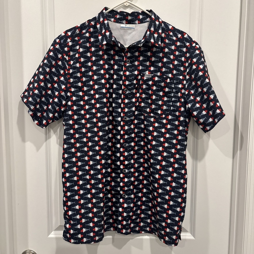 Columbia PFG Shirt Mens M Medium Patriotic Fish USA Stars Stripes Performance‎